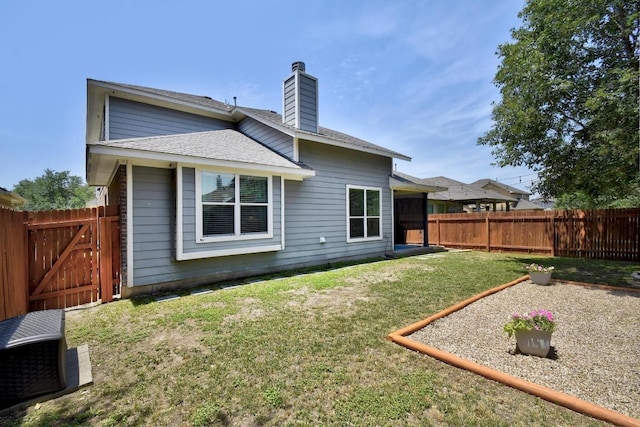 410 Easton Dr, San Marcos, TX 78666 - back of house with a chimney, a shingled roof, and a gate