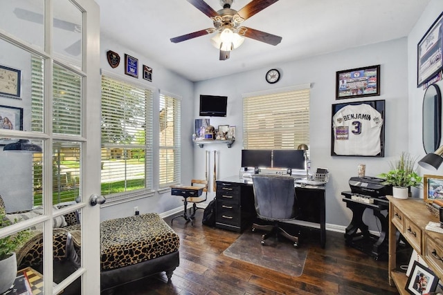 410 Easton Dr, San Marcos, TX 78666 - home office with ceiling fan, dark wood-style floors, baseboards, and french doors