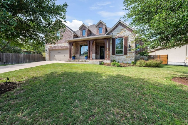 285 Sand Hills Ln, Austin, TX 78737 - view of front of property featuring stone siding, covered porch, concrete driveway, a garage, and brick siding