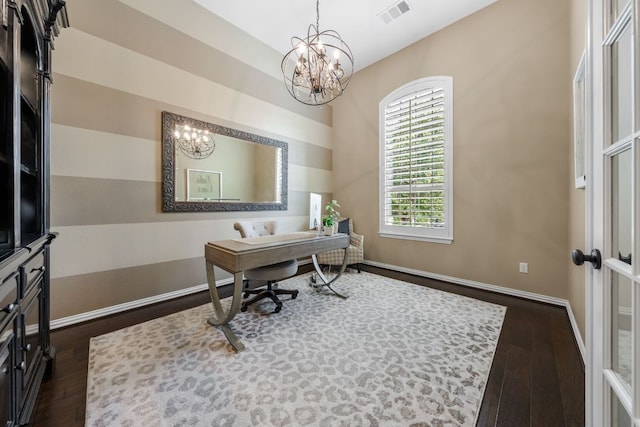 285 Sand Hills Ln, Austin, TX 78737 - home office featuring a chandelier, dark wood-style floors, and baseboards