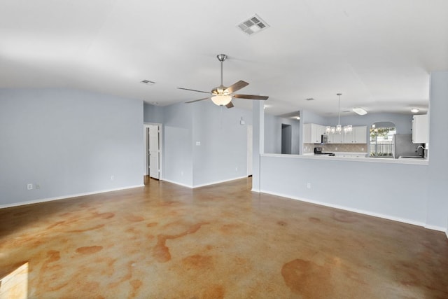 3321 Winding River Trl, Round Rock, TX 78681 - unfurnished living room with vaulted ceiling, a chandelier, ceiling fan, and baseboards