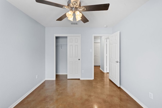 3321 Winding River Trl, Round Rock, TX 78681 - unfurnished bedroom featuring finished concrete flooring, baseboards, a closet, and a ceiling fan