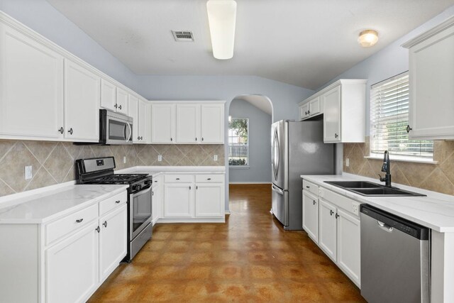 3321 Winding River Trl, Round Rock, TX 78681 - kitchen with appliances with stainless steel finishes, a sink, plenty of natural light, arched walkways, and lofted ceiling
