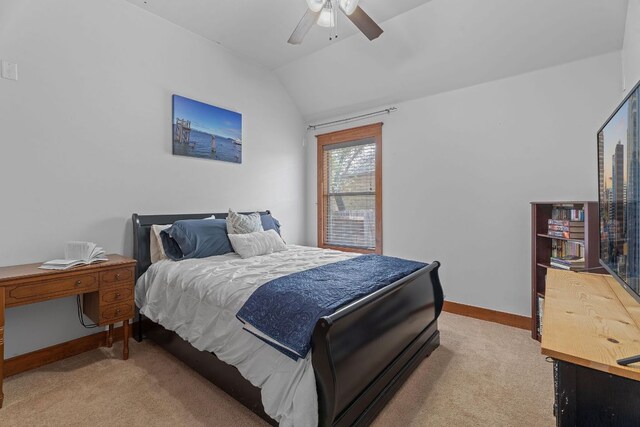 11036 Cherisse Dr, Austin, TX 78739 - bedroom with light carpet, vaulted ceiling, and a ceiling fan