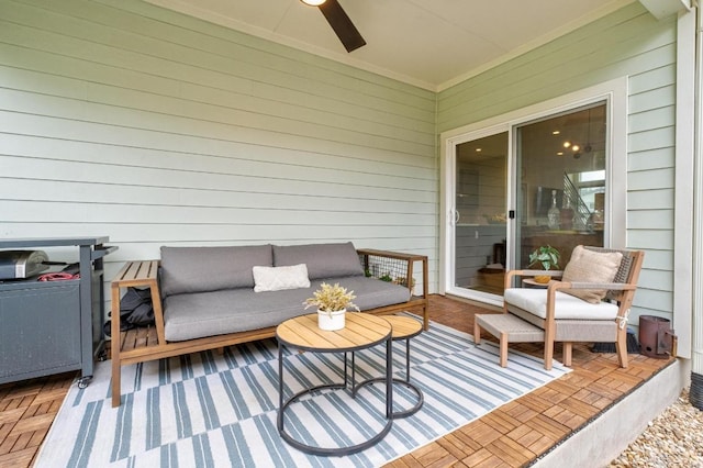 5202 Rob Scott St, Austin, TX 78721 - wooden terrace with a ceiling fan and an outdoor hangout area