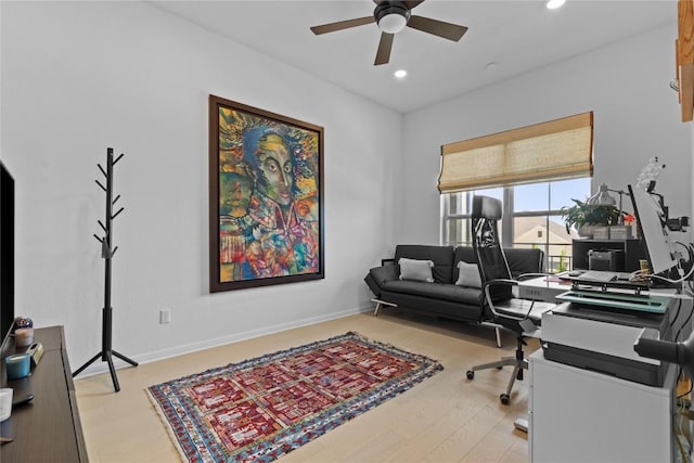 office area featuring ceiling fan, recessed lighting, and baseboards