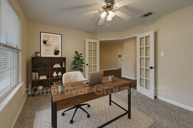 1481 Newbury St, Georgetown, TX 78626 - carpeted office space with french doors, baseboards, and ceiling fan