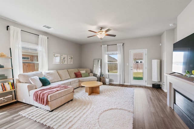 503 Windy Reed Rd, Hutto, TX 78634 - living room featuring wood finished floors, ceiling fan, and baseboards