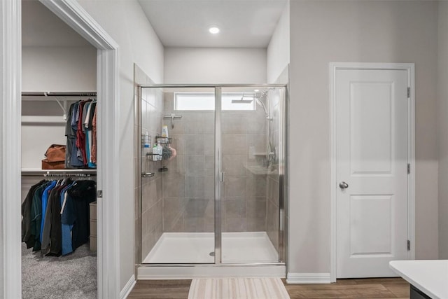 503 Windy Reed Rd, Hutto, TX 78634 - bathroom with a stall shower, a walk in closet, baseboards, and vanity