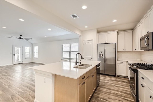 552 Windom Way, Georgetown, TX 78626 - kitchen with stainless steel appliances, a sink, light wood finished floors, recessed lighting, and light countertops