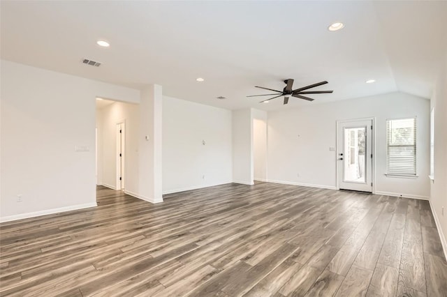 552 Windom Way, Georgetown, TX 78626 - unfurnished living room with wood finished floors, a ceiling fan, recessed lighting, and baseboards