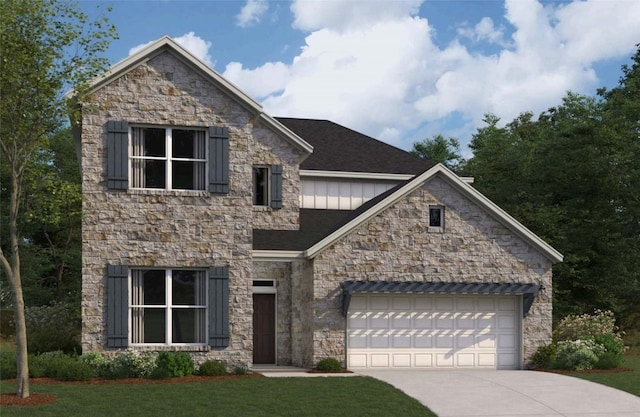 3683 Prosper Rd, Leander, TX 78641 - view of front of home featuring stone siding, concrete driveway, board and batten siding, a garage, and a front yard