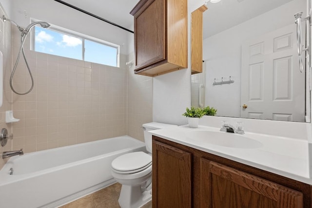 full bathroom with toilet, bathing tub / shower combination, tile patterned floors, and vanity
