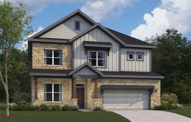 craftsman inspired home featuring board and batten siding, stone siding, an attached garage, and driveway