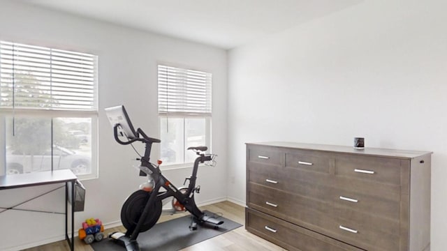 221 Mendoza, Kyle, TX 78640 - exercise area with light wood-type flooring and baseboards