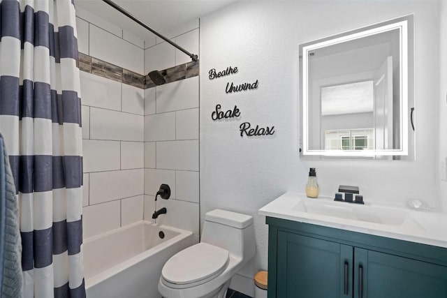 361 Whispering Hollow Dr, Kyle, TX 78640 - bathroom with toilet, a textured wall, vanity, and shower / tub combo with curtain