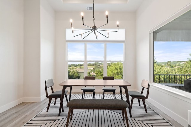 20704 Leaning Oak Dr, Lago Vista, TX 78645 - dining room with a chandelier, healthy amount of natural light, light wood-style flooring, and a tray ceiling
