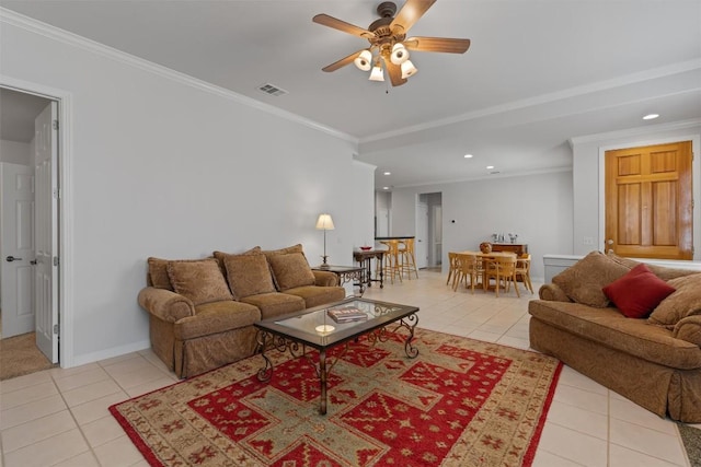 11558 Spicewood Pkwy Unit 7, Austin, TX 78750 - living area with tile patterned flooring, a ceiling fan, crown molding, baseboards, and recessed lighting