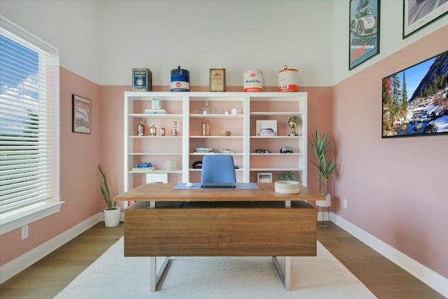 home office featuring wood finished floors and baseboards