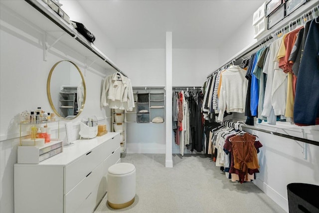 walk in closet with light colored carpet