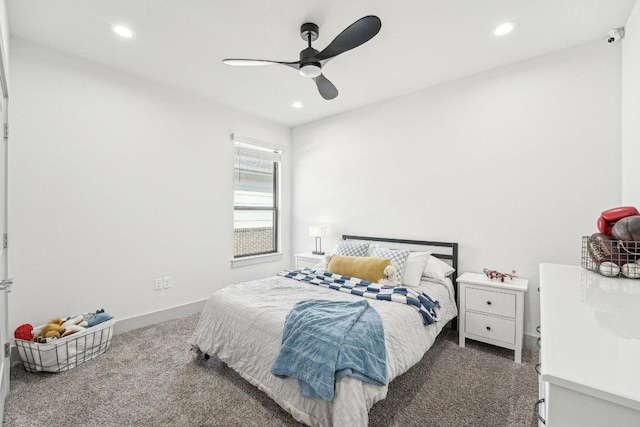 bedroom featuring carpet flooring, recessed lighting, a ceiling fan, and baseboards