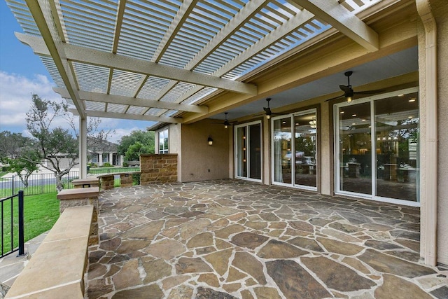 214 Yellow Rose Trl SE, Georgetown, TX 78633 - view of patio / terrace featuring a ceiling fan, fence, and a pergola