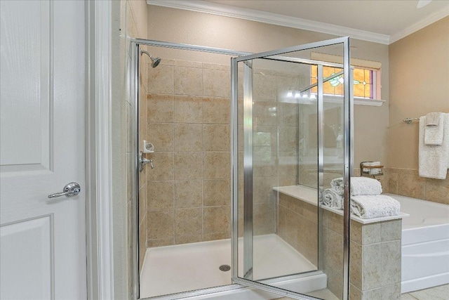 214 Yellow Rose Trl SE, Georgetown, TX 78633 - bathroom with crown molding, a stall shower, and a garden tub