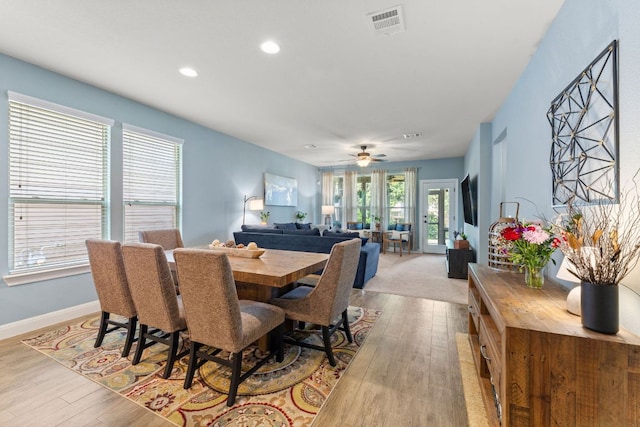 dining area featuring light wood-style flooring, recessed lighting, baseboards, and ceiling fan