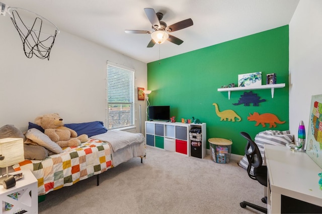 bedroom featuring carpet floors and ceiling fan