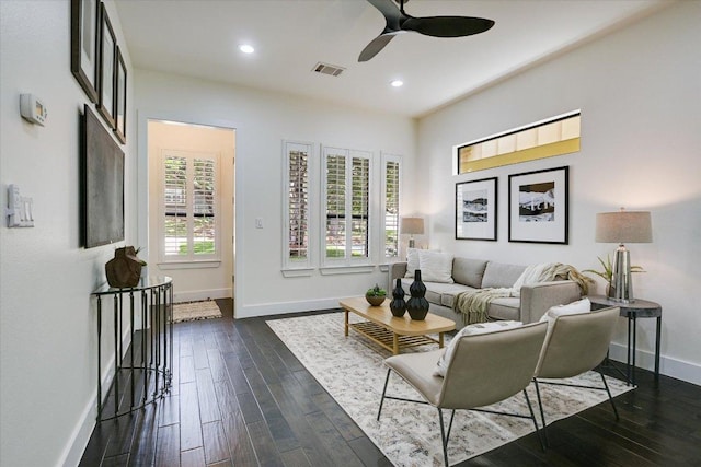 4608 Windy Brook Dr Unit B, Austin, TX 78723 - living room with baseboards, a ceiling fan, dark wood-style floors, and recessed lighting