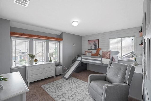 carpeted bedroom with multiple windows and baseboard heating