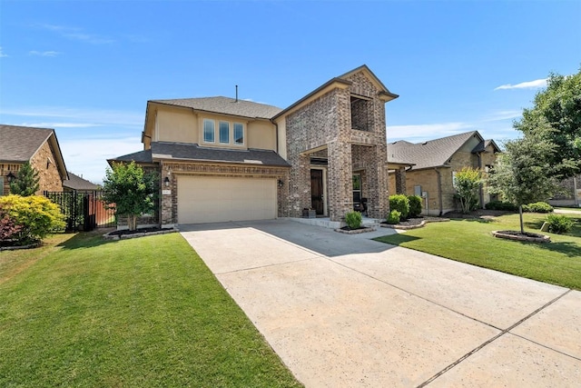 view of front of home featuring driveway, brick siding, a garage, and stucco siding