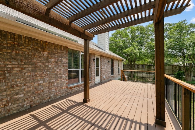 wooden terrace featuring a fenced backyard and a pergola