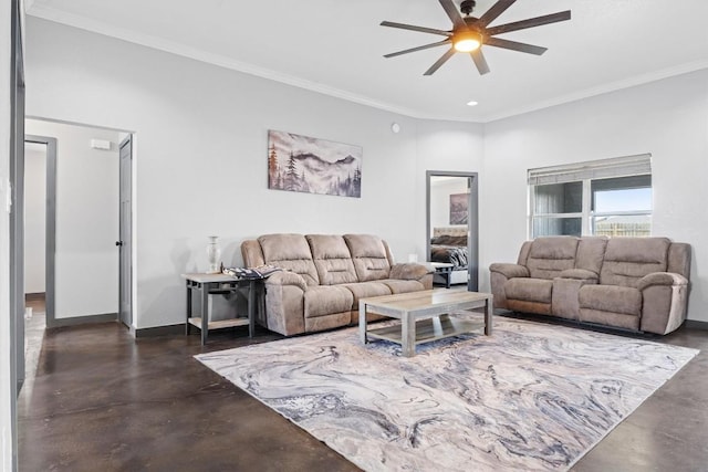407 Osman Dr, Killeen, TX 76542 - living area featuring finished concrete flooring, a ceiling fan, crown molding, baseboards, and recessed lighting