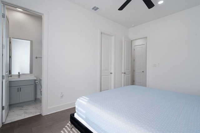 4916 Risana Bnd, Round Rock, TX 78665 - bedroom with recessed lighting, baseboards, marble finish floors, ensuite bathroom, and a ceiling fan