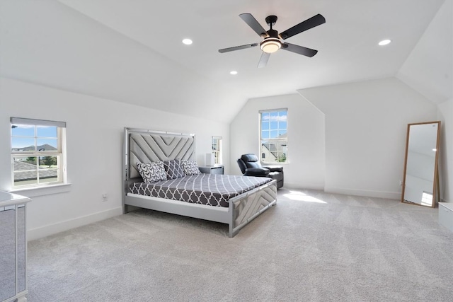 4916 Risana Bnd, Round Rock, TX 78665 - carpeted bedroom with multiple windows, lofted ceiling, baseboards, ceiling fan, and recessed lighting