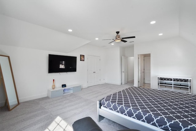4916 Risana Bnd, Round Rock, TX 78665 - carpeted bedroom with recessed lighting, lofted ceiling, baseboards, and a ceiling fan