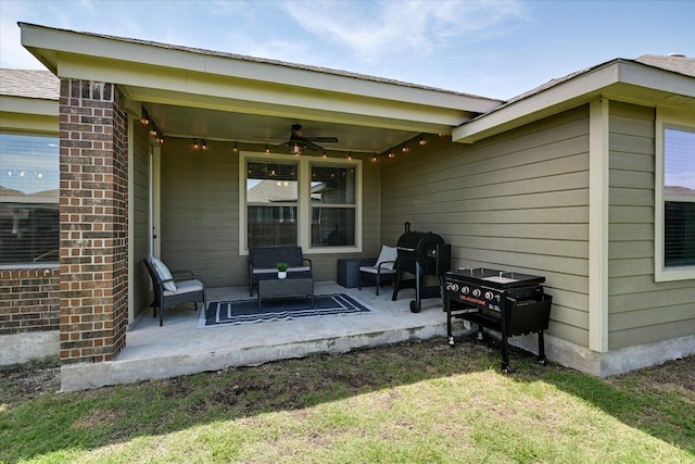 view of patio featuring a ceiling fan and an outdoor hangout area