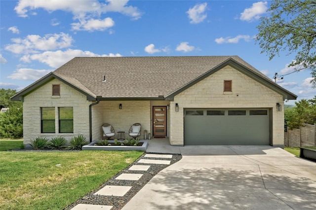 view of front facade featuring a shingled roof, concrete driveway, stone siding, and an attached garage