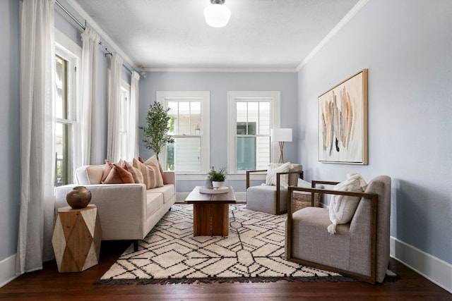 living area featuring crown molding, wood finished floors, and baseboards