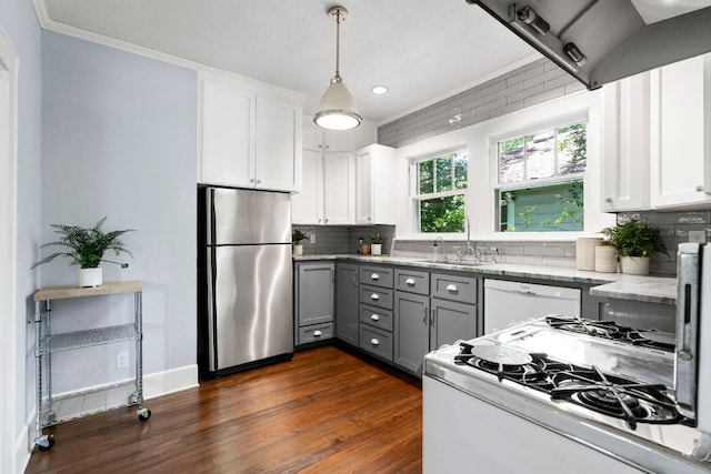 4536 Duval St Unit 2, Austin, TX 78751 - kitchen featuring freestanding refrigerator, gray cabinets, dishwasher, gas range, and dark wood-style floors