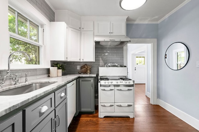 4536 Duval St Unit 2, Austin, TX 78751 - kitchen with white appliances, a sink, gray cabinetry, decorative backsplash, and under cabinet range hood