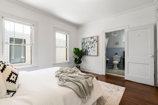 4536 Duval St Unit 2, Austin, TX 78751 - bedroom featuring dark wood finished floors, ornamental molding, a wainscoted wall, and ensuite bath