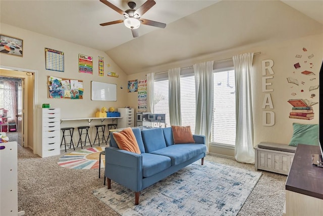 607 Westbury Ln, Georgetown, TX 78633 - carpeted living area featuring vaulted ceiling and a ceiling fan
