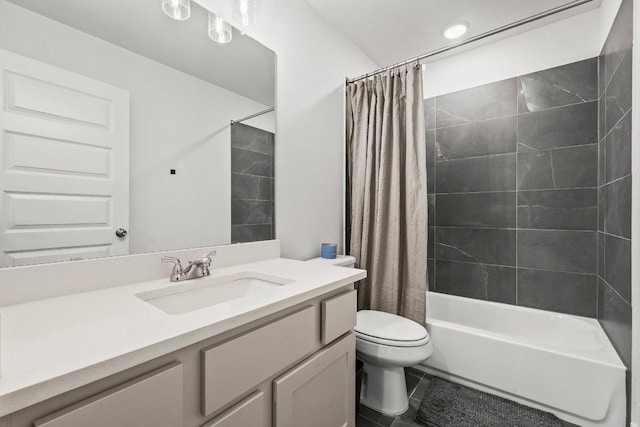 124 Low River Ln, Georgetown, TX 78628 - full bath with toilet, vanity, shower / tub combo with curtain, and tile patterned flooring