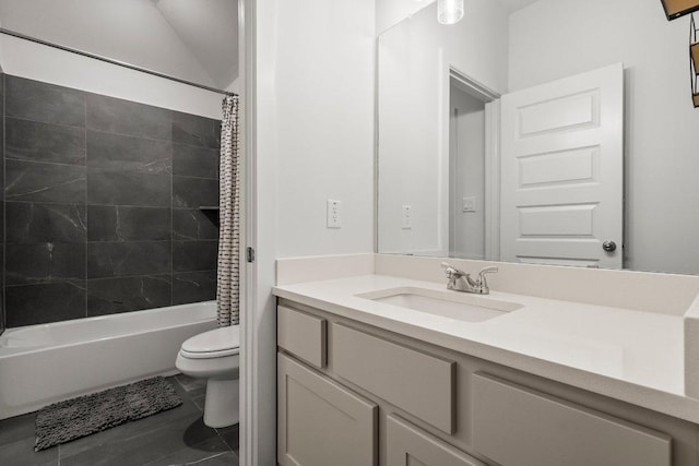 124 Low River Ln, Georgetown, TX 78628 - full bath with toilet, vanity, shower / bathtub combination with curtain, and tile patterned floors