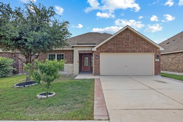 ranch-style home with a garage, brick siding, concrete driveway, and a front yard