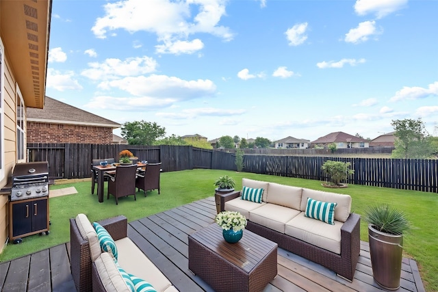 wooden deck featuring outdoor lounge area, outdoor dining area, and a grill