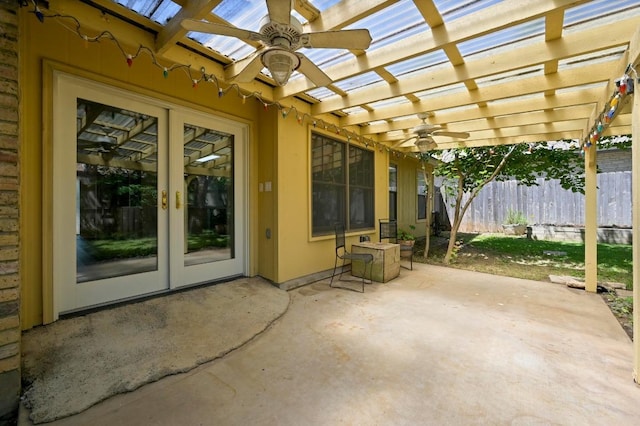 12025 Wycliff Ln, Austin, TX 78727 - view of patio / terrace featuring a ceiling fan, a pergola, and french doors
