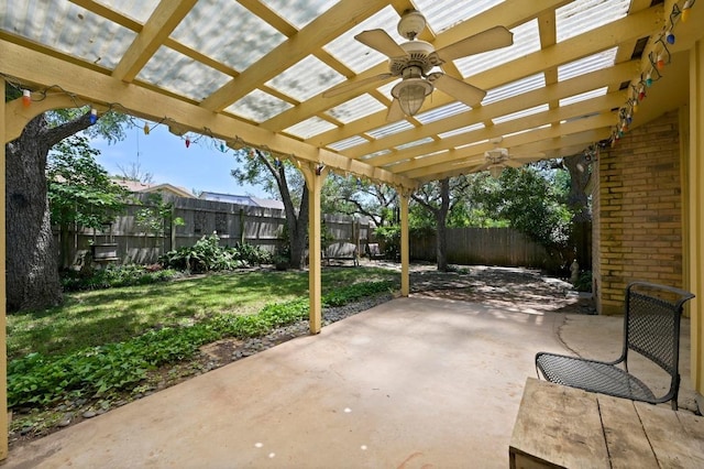 view of patio with a ceiling fan and a pergola